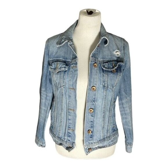 Old Navy Jean Jacket Women's Medium Blue Distressed Light Wash 100% Cotton - Picture 1 of 6